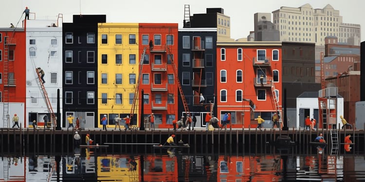 Rowhouses along harbor front, reflected in rippling water, figures in small boats or standing or climbing ladders, abstract.