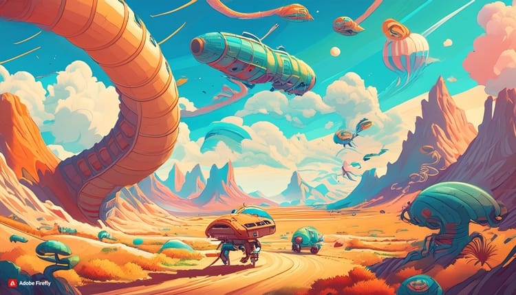Brightly colored desert landscape populated by futuristic vehicles and strange alien creatures.