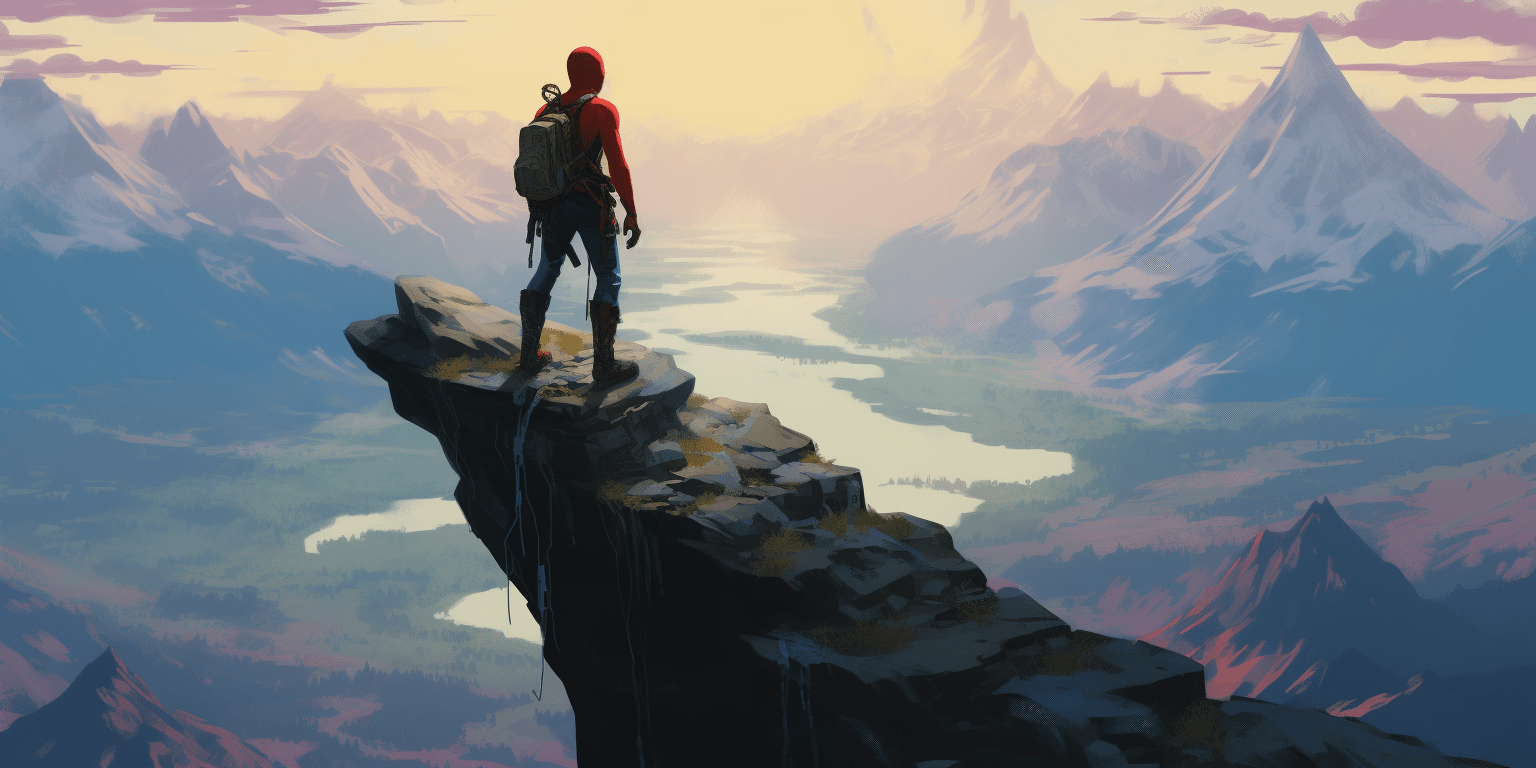 Spider-Man type figure standing on rock outcrop, looking out over a fantastical Breath Of The Wild style view.