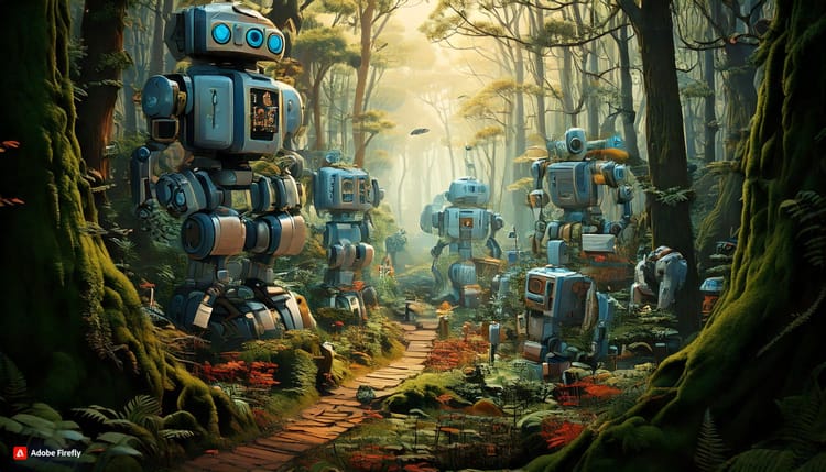 Giant robots in an eerie forest.