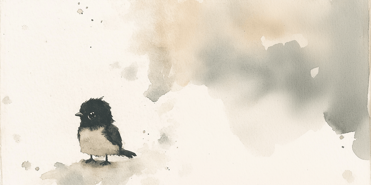 Small, cute, black and white bird all alone on a white background with watercolor markings.