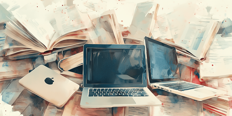 A very stylistic watercolor painting of three laptops hovering in front of piles of open books.