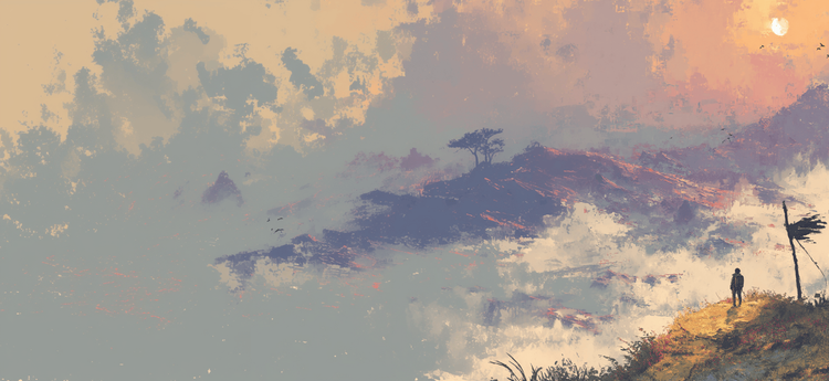 Lone figure next to a ragged flag looking out at a vast, colorful but muted landscape.