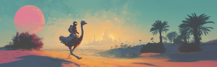 Person on robotic ostrich riding through a desert environment, giant city in the background.