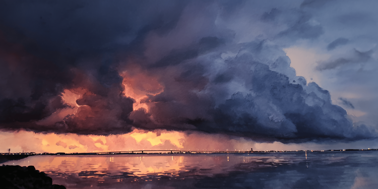 A storm rolling in over a bridge and a bay. Columns of rain, dark clouds, pink sunset, the water reflecting it all.