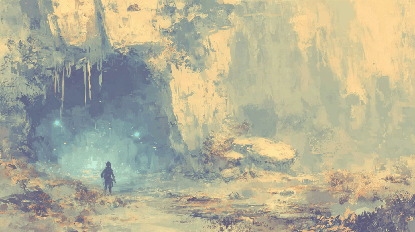 Illustration of a boy in front of a dark cave, cool colors, vague and abstract.