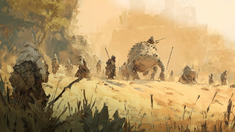 Tribal warriors in a desert landscape, some riding giant frog-like creatures.