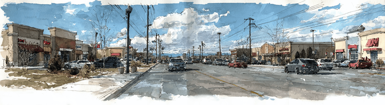 Watercolor and pencil sketch of a typical American suburban strip-mall-bedecked street.