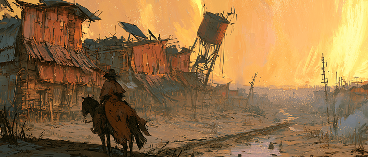 Drifter on a horse looking out at crumbling buildings and a dried up river as the sun sets.