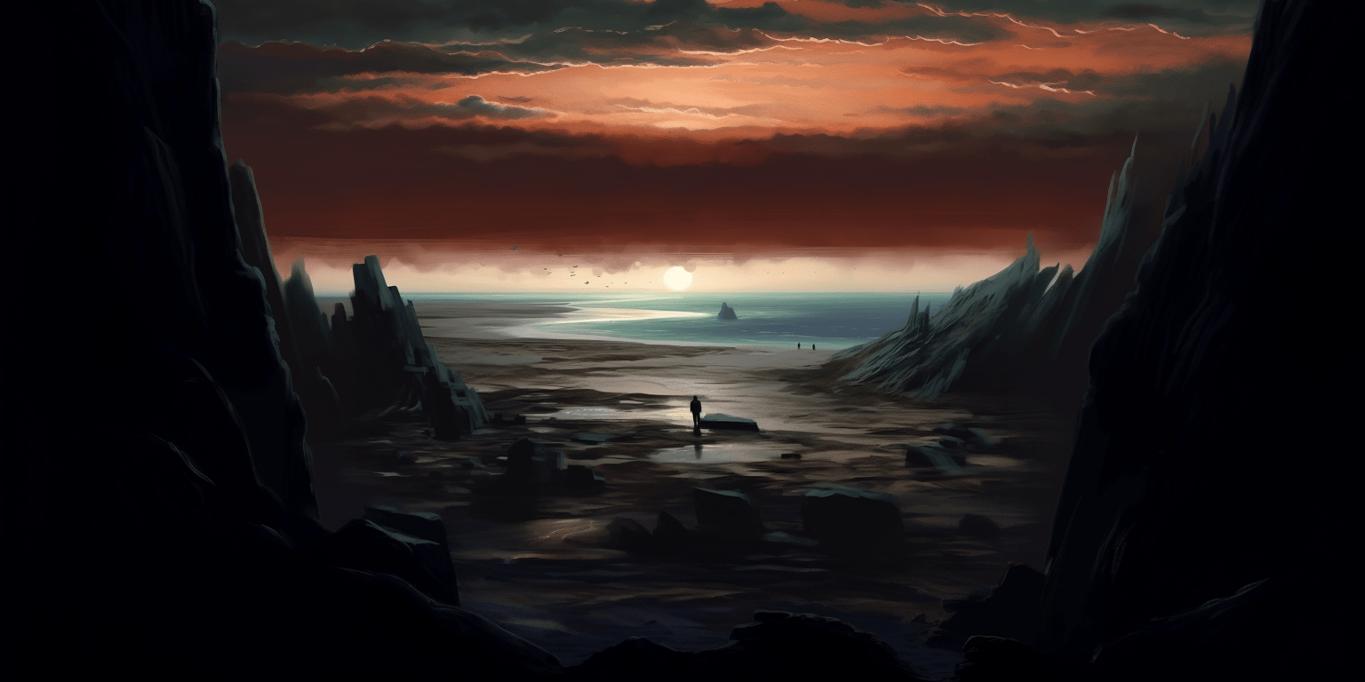 Tiny figure in a wild, dark landscape, staring toward a distant beautiful sea and the sun on the horizon.