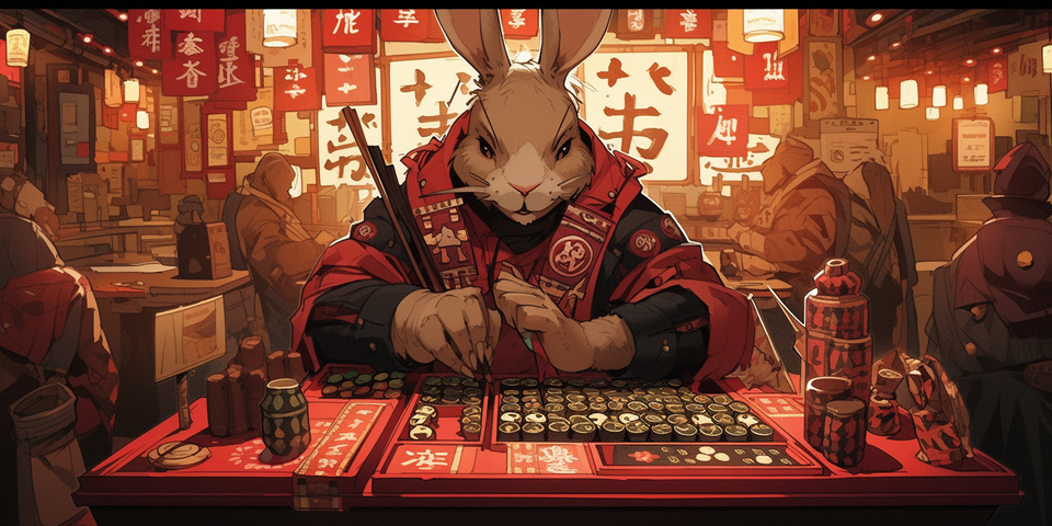 Samurai rabbit sitting at game table, lots of lanterns, signs, and activity in the background.