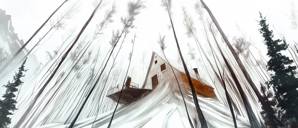 Lonely cabin on top of a snowy hill, tall trees, solitary figure standing on deck looking out.