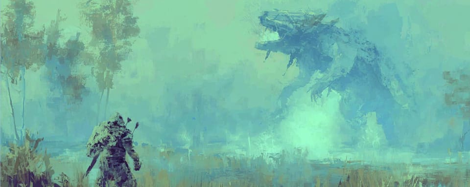 A hunter faces a giant dinosaur-like monster.