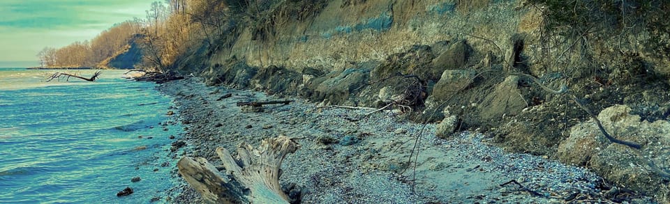 Small cliff face overlooking a seashell-strewn beach.