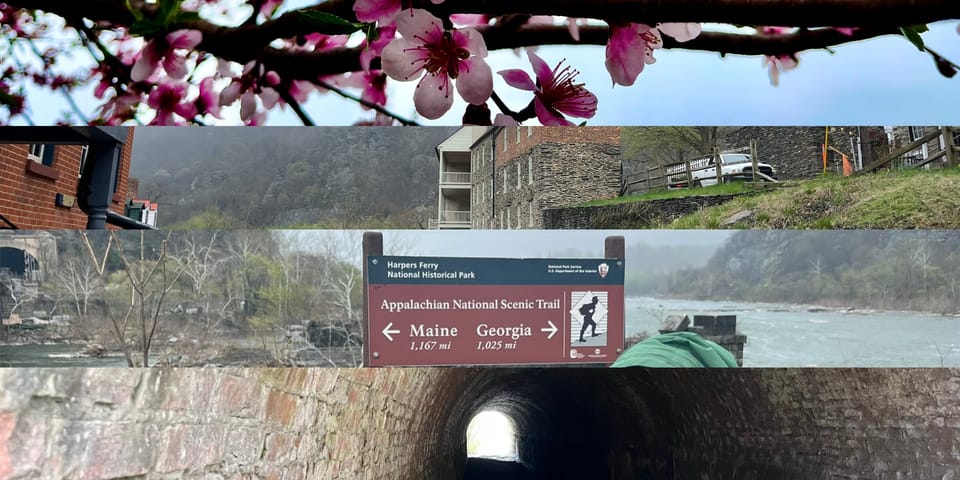 Cherry (?) tree blossoms, old buildings, Appalachian Trail sign (almost the halfway point), old brick tunnel.